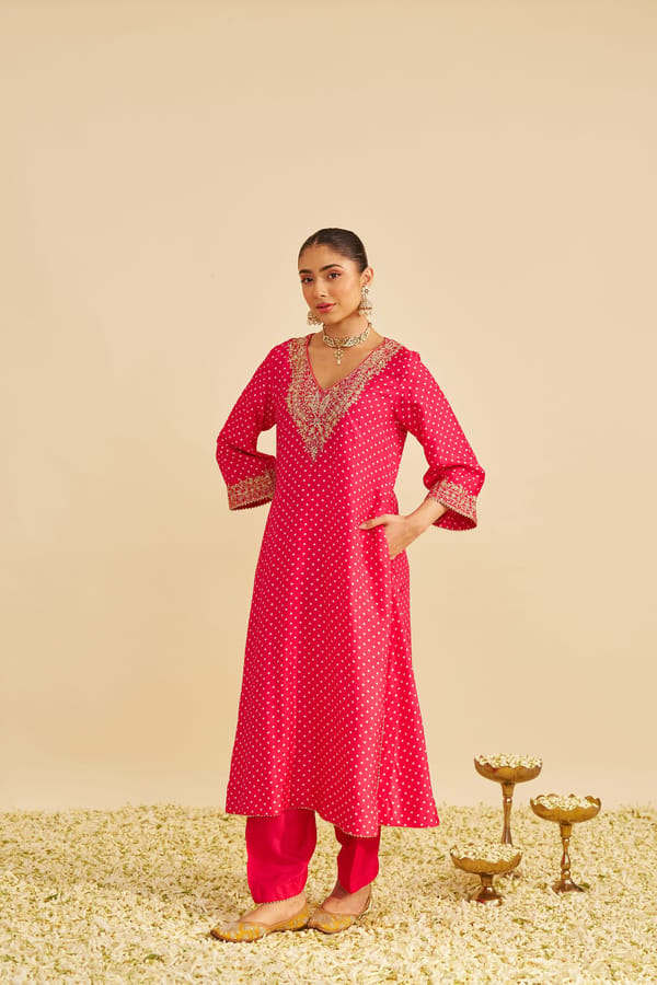 Hotpink Bandhej A-Line Kurta Set with Salwar — Sheetal Batra