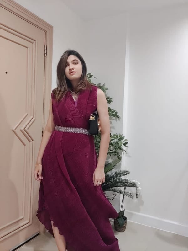 Blue Pleated Maxi Gown with Embroidered Waist Belt — The Grey Dot