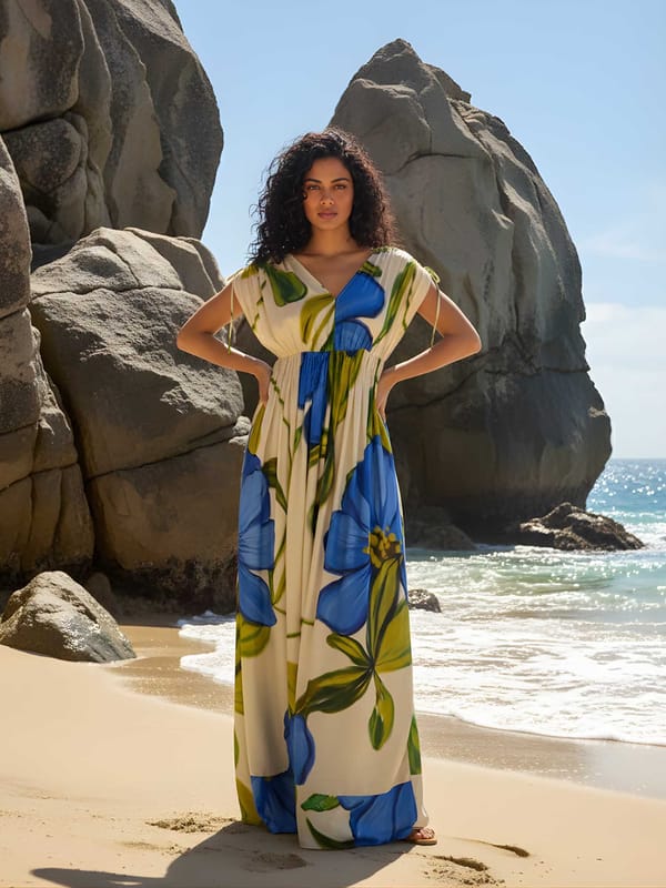 Cobalt Printed V Neck Maxi Dress — POPPI