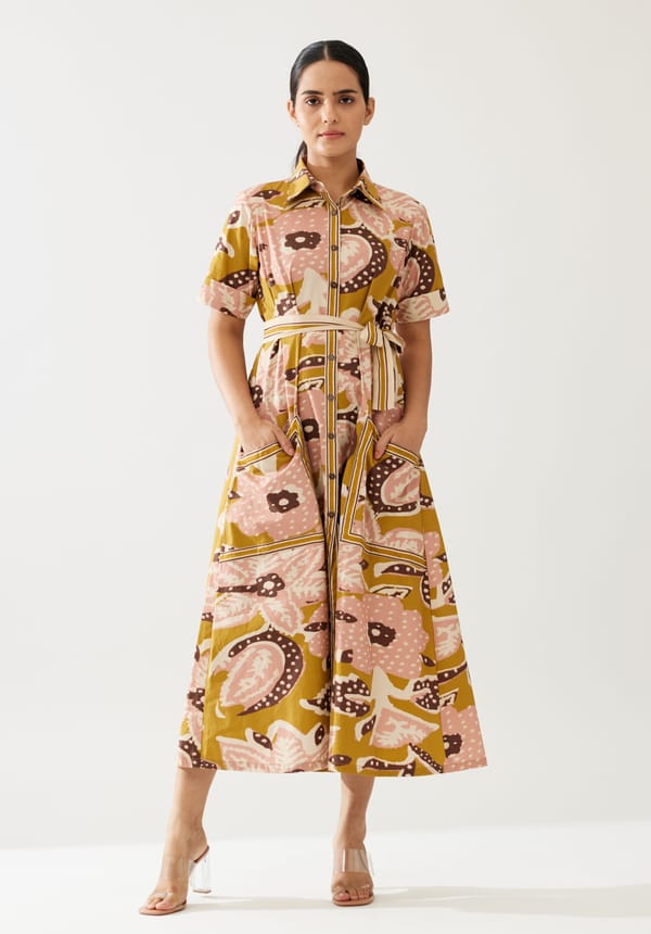 Mustard And Pink Floral Shirt Dress — KoAi