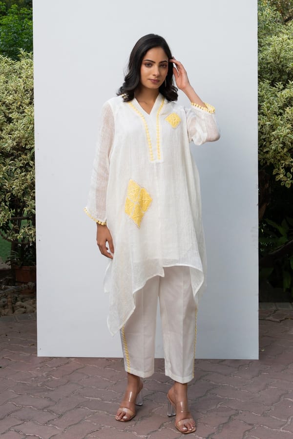 White and Yellow Linen Asymmetric Tunic Co-ord Set — Omi Clothing