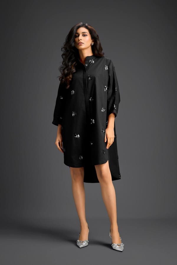 Balck Oversized Shirt Dress With Butterfly Motifs — Deepika Arora