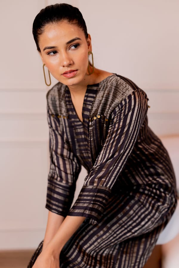 Black Striped Chanderi Silk Kurta Set with Straight Pants — Silai studio