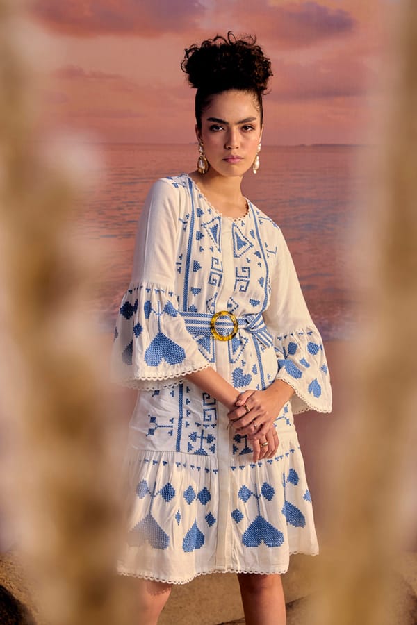 White and Blue Embroidered Tiered Mini Dress with Belt — BOHO-CHIC