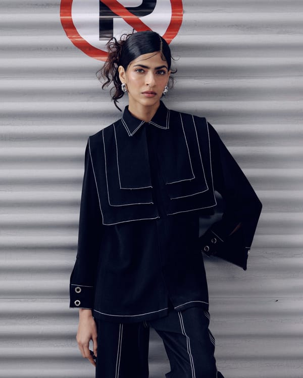 Black Layered Panel Shirt with Contrast Piping — Veera Wear
