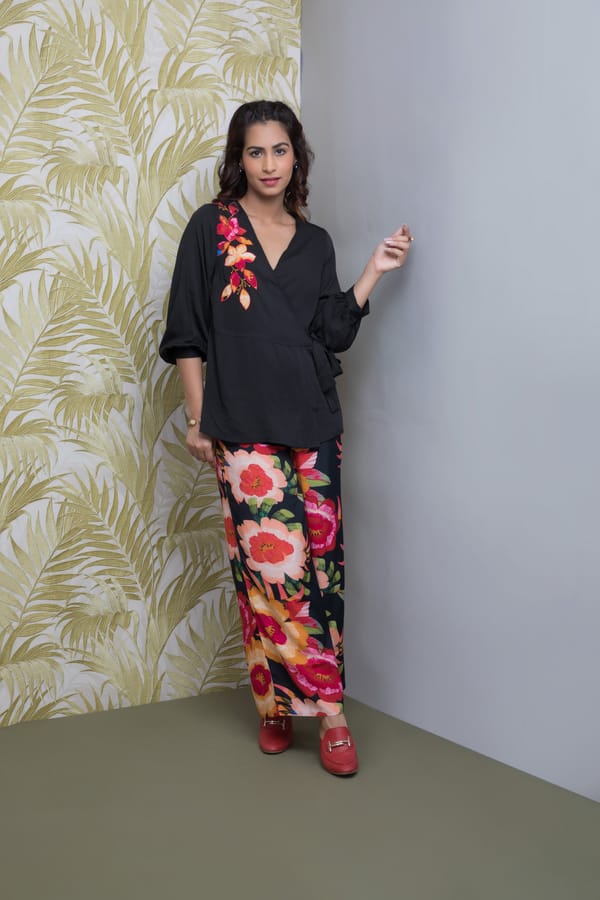 Black Wrap Top and Floral Wide-Leg Pants Co-ord Set — Rhe-Ana