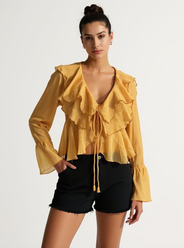 Yellow Georgette Ruffled Tie-Up Boho Blouse — Lea Clothing