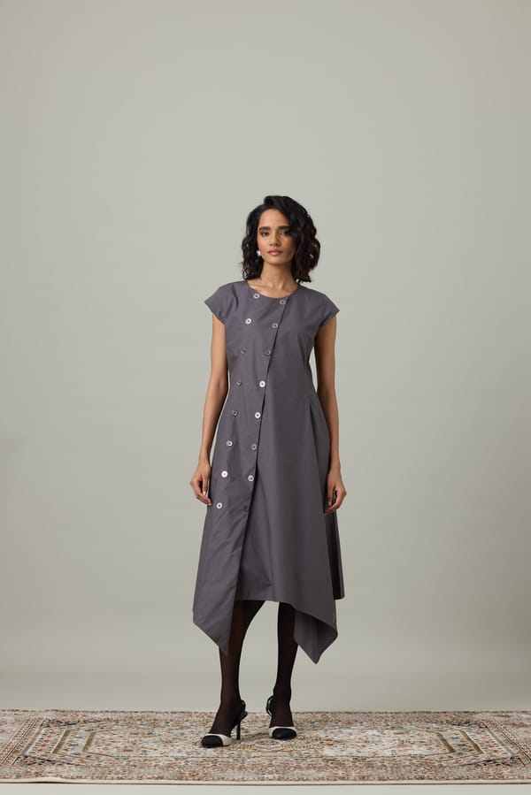 Granite Grey A-Line Midi Dress with Asymmetrical Hem — 63East