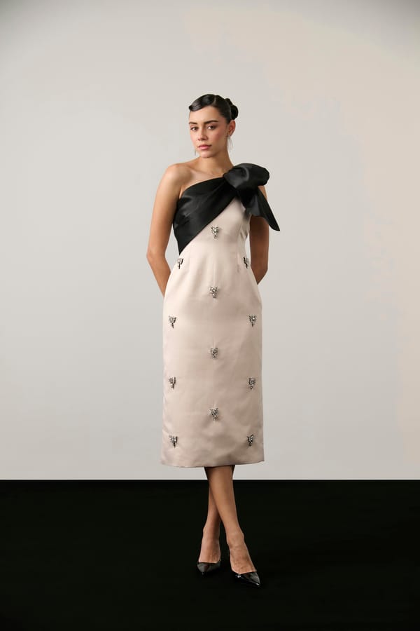 Cream/Black One-Shoulder Bow Crystal Midi Dress — Label IRIS