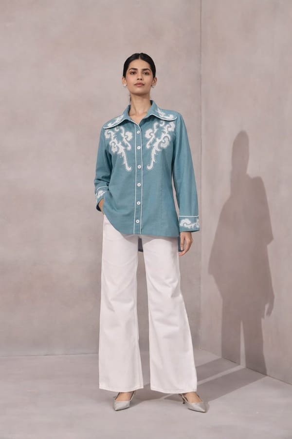 Teal Green Linen Embroidered Shirt with Oversized Collar — Younglings
