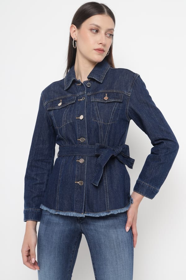 Blue Denim Belted Button-Through Blouse — Diana Gallesi