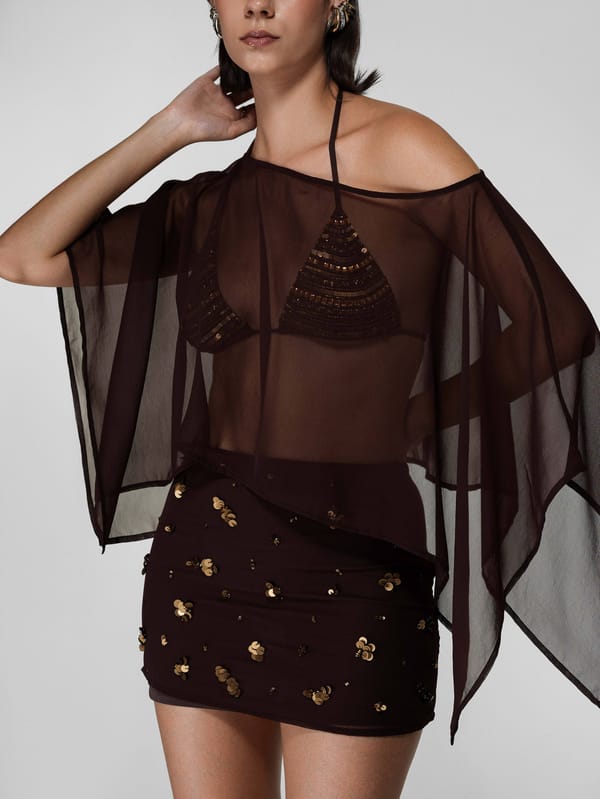 Brown Sheer Asymmetric Draped Cape — The Clothing Factory