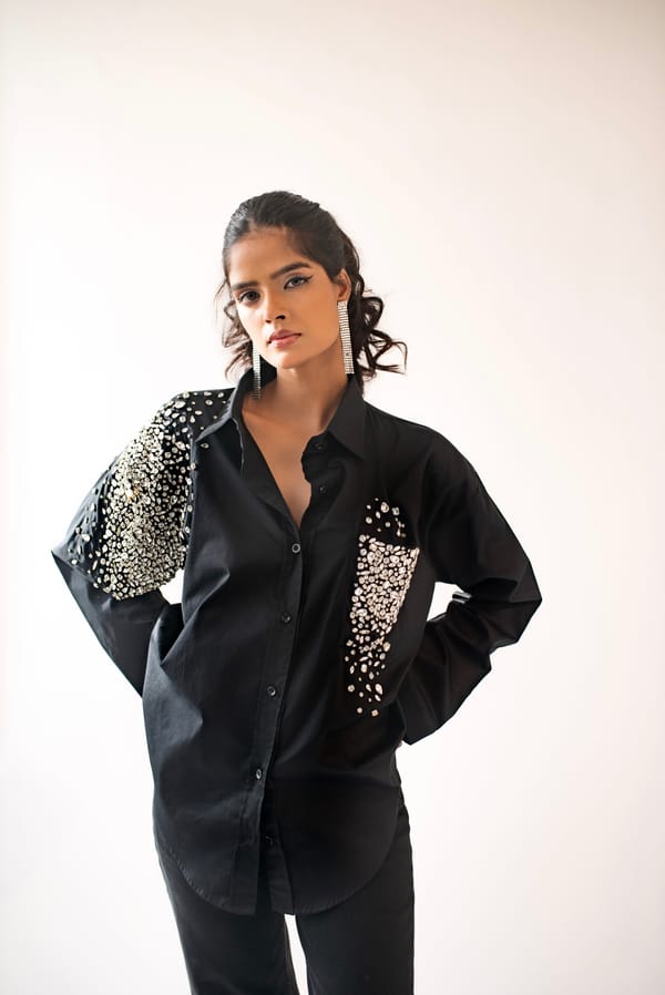 Black Embellished Long Sleeve Button-Down Shirt — MAGIA