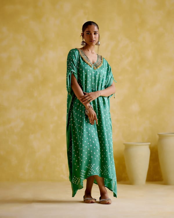 Sage Green Bandhani Print Kaftan with Embellished V-Neck — 5 Elements