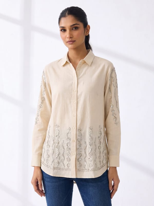 Cream Cotton Embroidered Button-Down Shirt — THE LUXURY DRESSING
