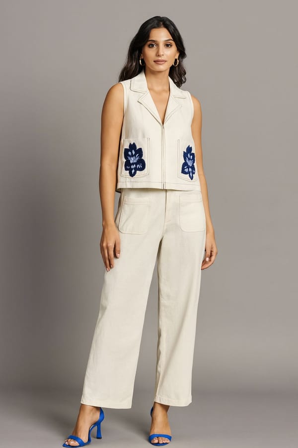 White Twill Zipper Jacket and Flared Pants Co-ord Set — Younglings