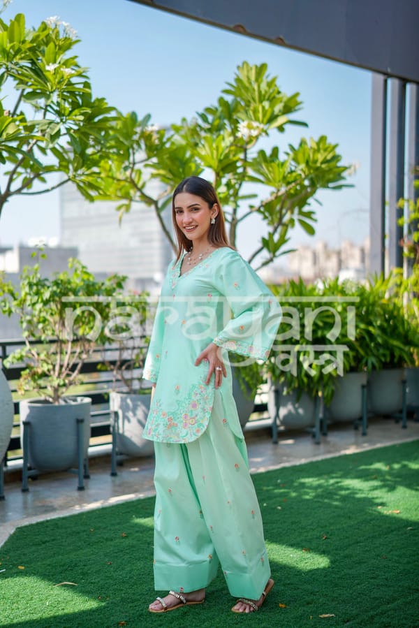 EIRA - Sea Green Embroidered Cotton Co-ord Set — NARAYANI VASTRA