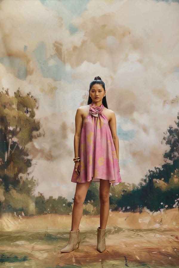 Pink Floral Halter Neck Mini Dress with Rosette — Zip by Payal Zinal