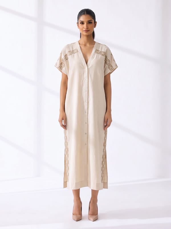 Beige Cotton-Linen Midi Shirt Dress — THE LUXURY DRESSING