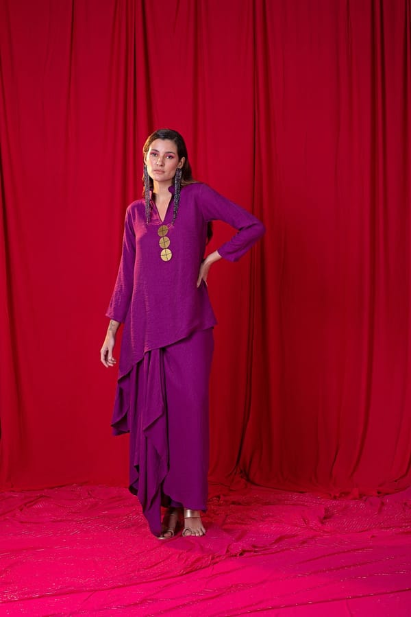 Purple Asymmetric Tunic and Draped Maxi Skirt Co-ord Set — EnEch