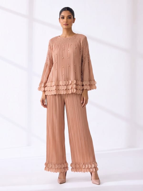 Nude Pleated Co-ord Set with Wide-Leg Trousers — Pleats by Aruni