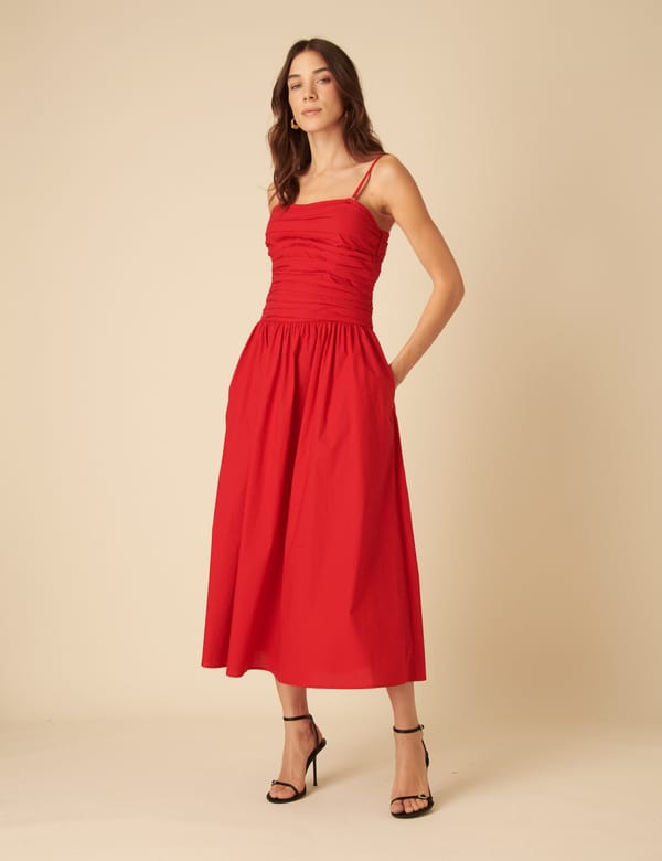 Red Bandeau Fit and Flare Midi Dress with Pockets — Nobody's Child