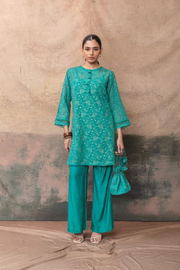 Teal Organza Paisley Embroidered 3-Piece Kurta Set — LABEL NAARITI
