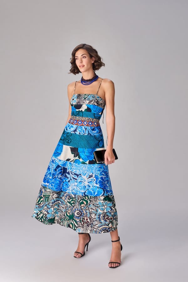 Blue/Multi Printed Fit & Flare Midi Dress with Tie Straps — Saaksha and Kinni