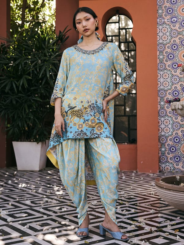 Blue Printed Muslin Silk High-Low Tunic Kurta — SAUNDH