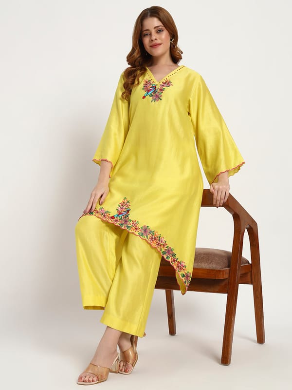 Marigold Silk-Chanderi Bird-Embroidered Kurta Set — Gotta Kinari
