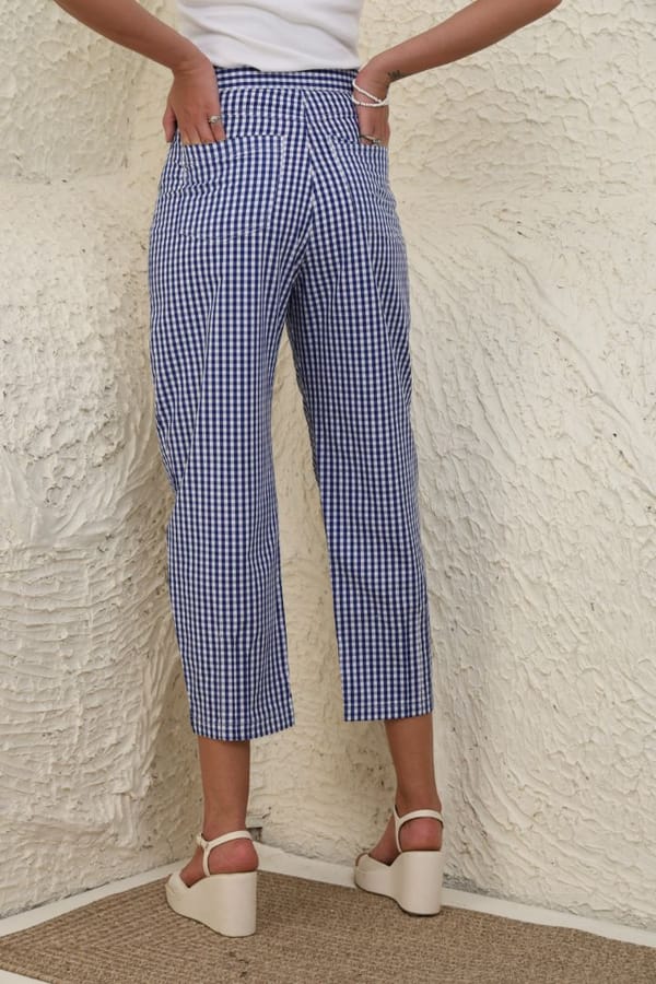 Blue Gingham High-Waist Barrel-Leg Cotton Trousers — Rhe-Ana