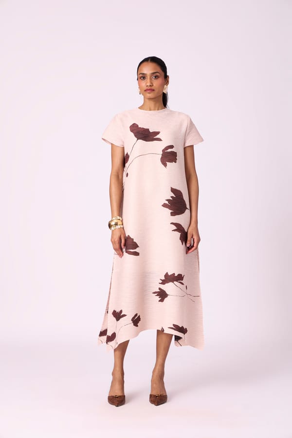 Nude Beige Pleated Floral Midi Dress — Scarlet Sage