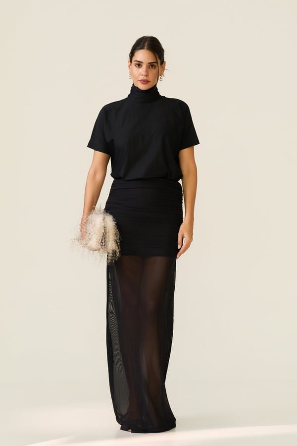 Black Turtleneck Top with Dramatic Open Cowl Back — LABEL FROW