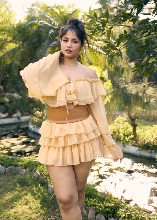 Yellow Off-Shoulder Ruffle Georgette Top with Belt — Lea Clothing