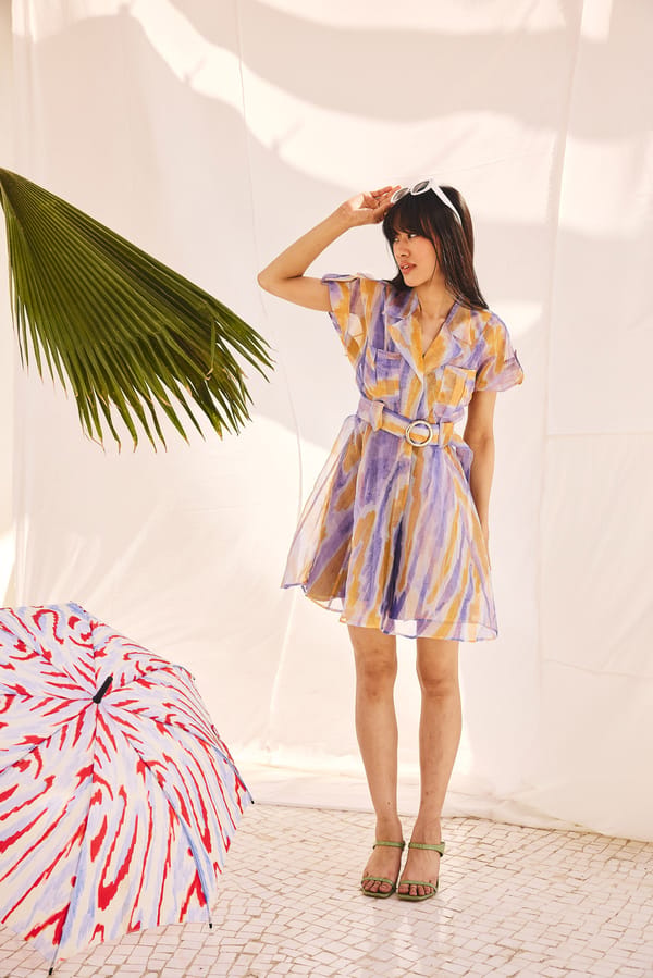 Multicolor Organza Printed Mini Shirt Dress with Belt — Zip by Payal Zinal