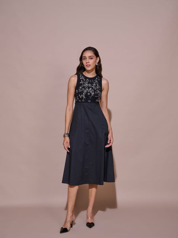 Black Embellished Ribbed Bodice Fit and Flare Midi Dress — Style Island