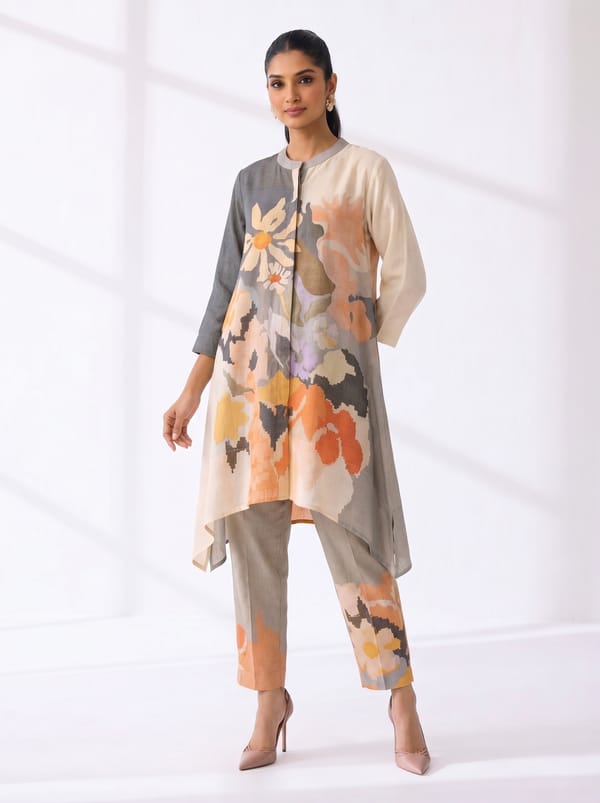Grey Printed Korean Linen Kurta Set — CLOS