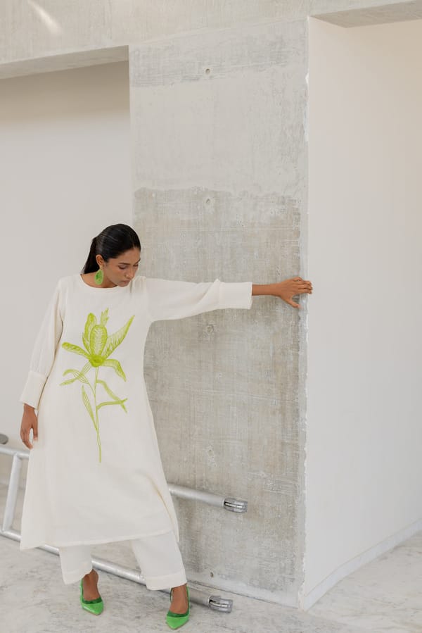 White Cotton Embroidered Kurta Set with Pants — Silai studio