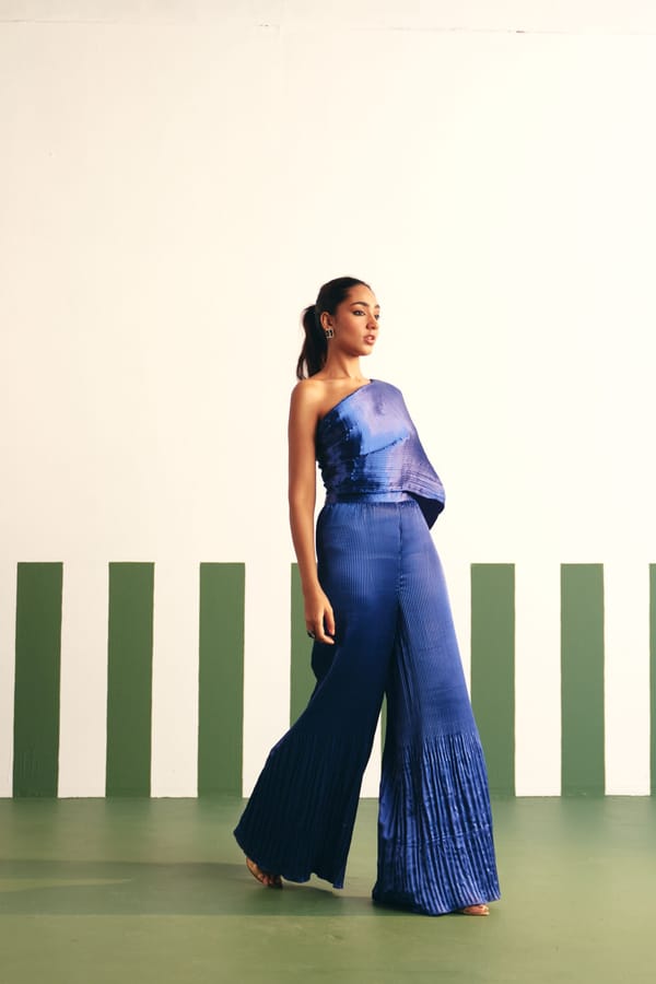 Cobalt Blue One-Shoulder Pleated Satin Drape Jumpsuit — Reeti Arneja