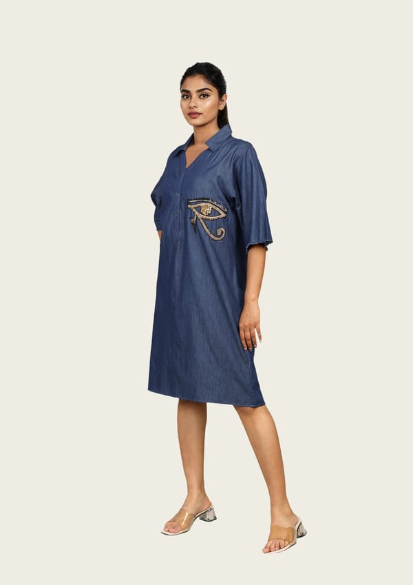 Denim Cotton One Piece Dress with Embroidery — Richa Goenka