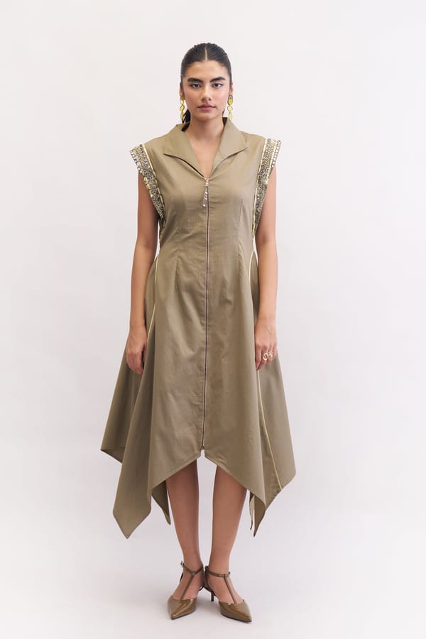 Mushroom Cotton Poplin Zip-Front Fit and Flare Midi Dress — Our Love