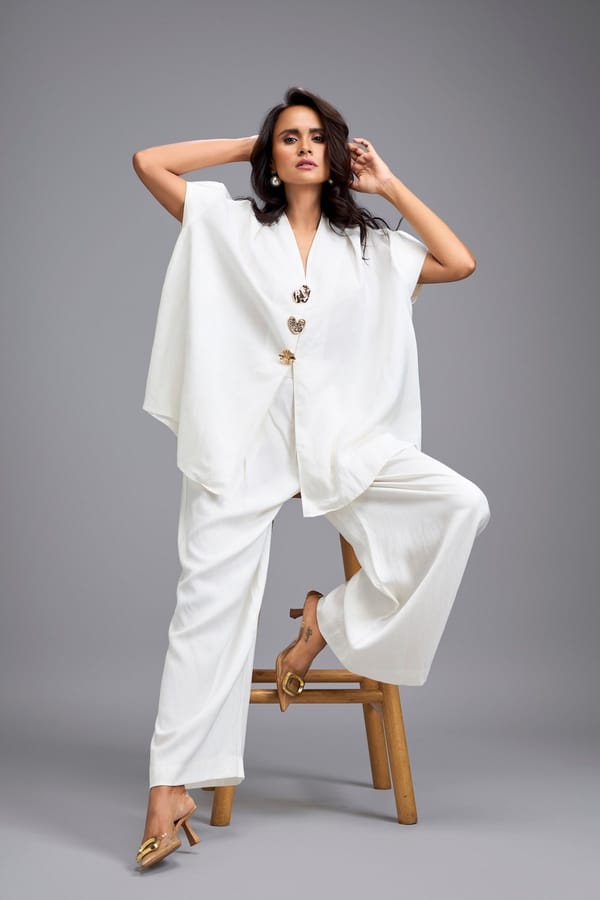 White Wide-Leg Co-Ord Set with Embellished Button — Deepika Arora