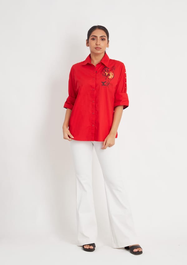 Red Cotton Shirt with Leopard Foil Print — Richa Goenka