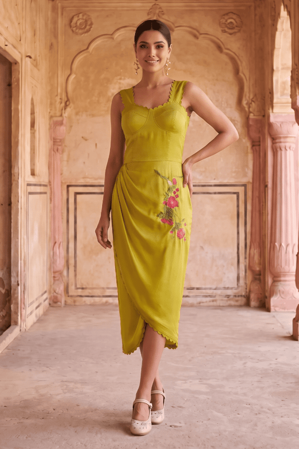 Sculpted Corset & Floral Embroidery Draped Midi Dress — Western Era