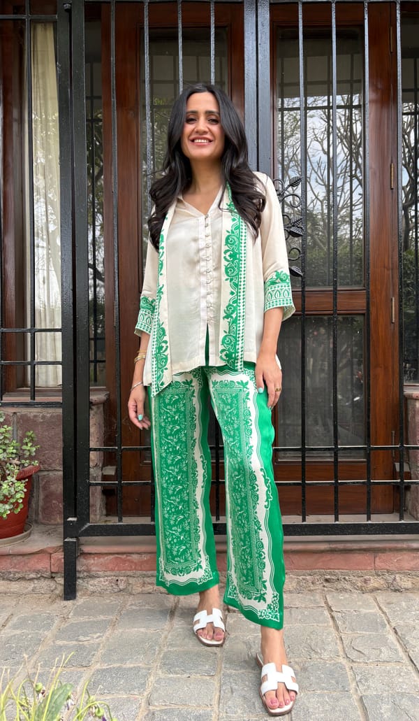 Cream Scarf Shirt and Green Printed Wide-Leg Co-ord Set — INCHING INDIA