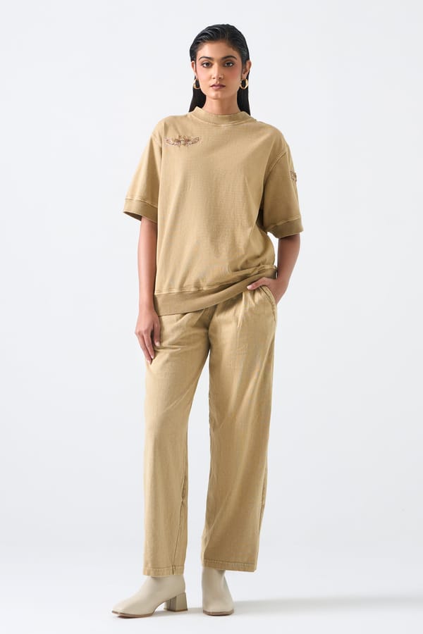 Sand Cotton T-Shirt and Wide-Leg Pants Co-ord Set — STITCH STORIES