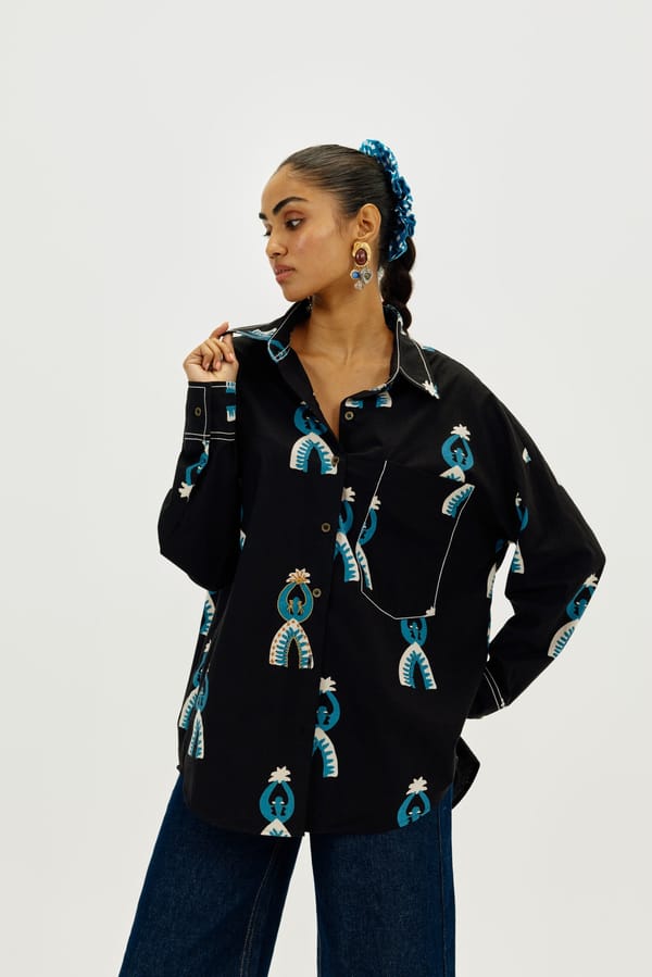 Black Tribal Print Cotton Poplin Relaxed-Fit Shirt — JODI