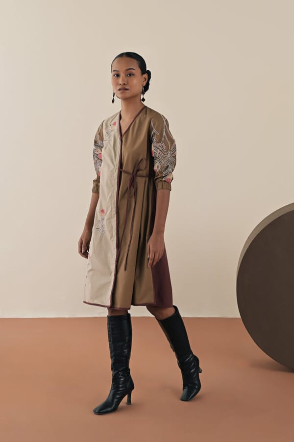 Walnut/Beige Colorblocked Embroidered Wrap Dress — Love Kiki