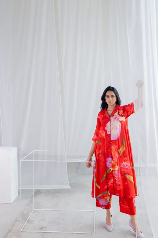 Red Orchid Print Silk Voile Kurta Set with Pants — Silai studio