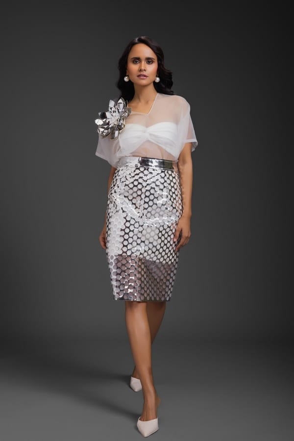 White Sheer Top With Silver Skirt — Deepika Arora